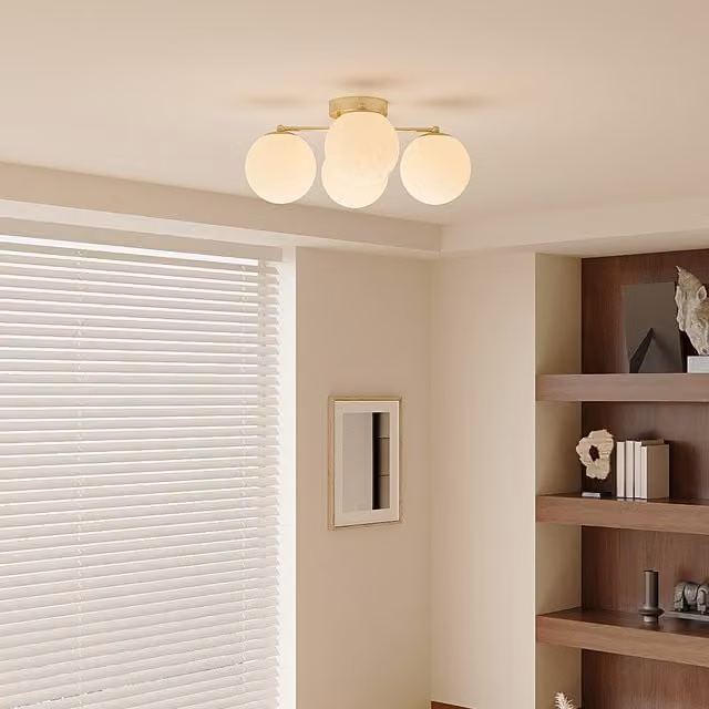 Livingandhome Modern 4-Light Ceiling Light with Round Glass Lampshades in White and Gold