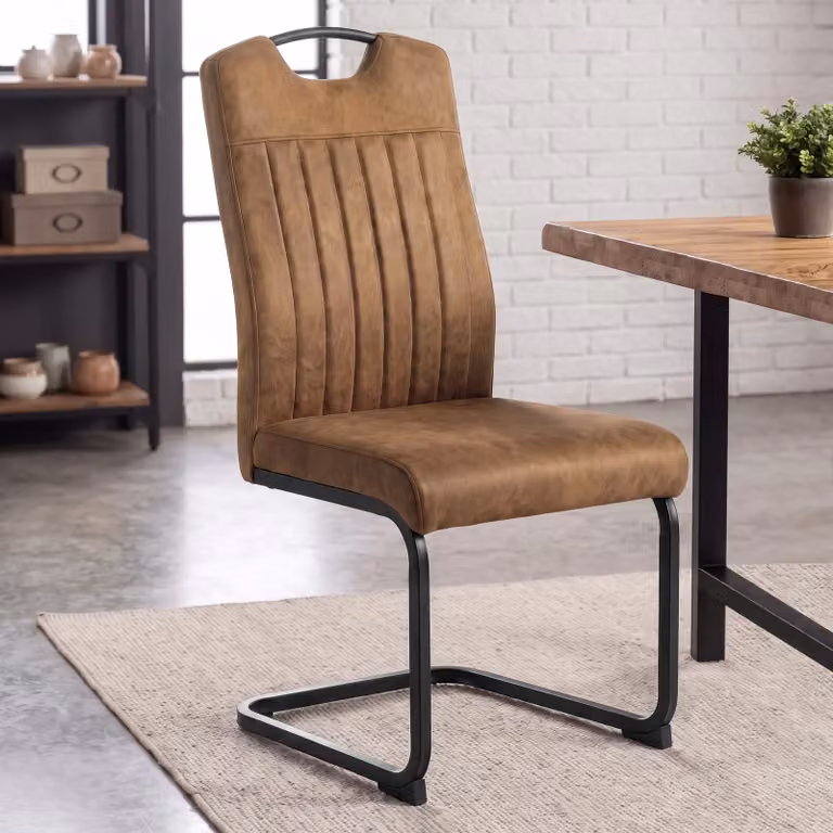 DHS Set of 4 Industrial Metal Dining Chairs in Brown and Black Synthetic Leather