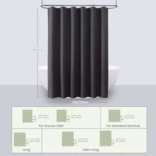 Inhousolu Black Waffle Weave Fabric Shower Curtain with Weighted Hem and Metal Hooks, W 183 x L 183 cm – 6