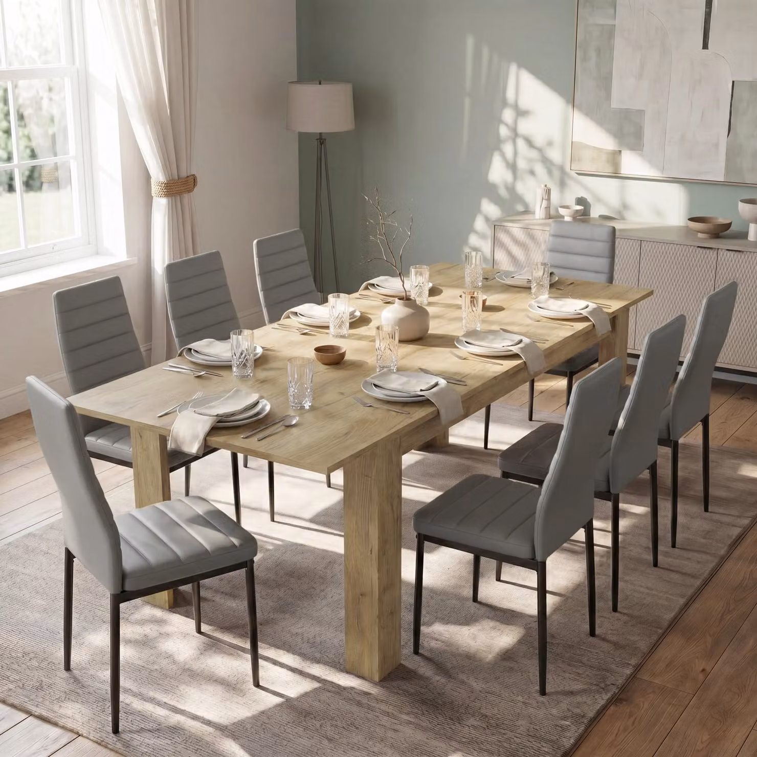 DHS Milo Extendable Dining Table and 8 Chairs Set in Grey and Oak Effect