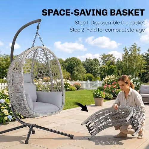 Outsunny Rattan Hanging Egg Chair with Stand in Light Grey – 4