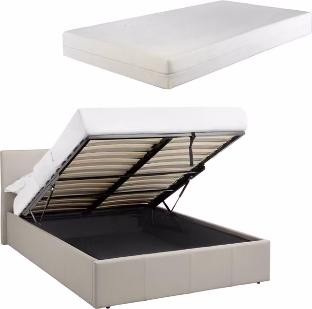 Luna Kingsize Ottoman Bed in Beige Faux Leather with 15cm Memory Foam Mattress, W/D/H: 150 x 200 cm
