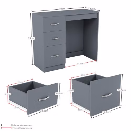 Vida Designs Riano 3 Drawer Dressing Table in Grey, W/D/H: 93 x 38 x 79 cm – 3