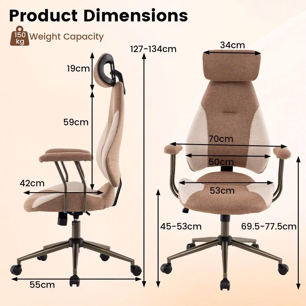 Costway Brown Fabric Office Chair with 2D Adjustable Headrest, Rocking Backrest and 360 Degree Swivel – 2