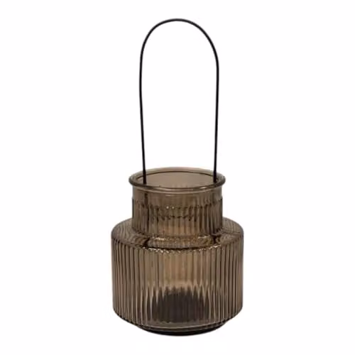 Four Candle Warm Grey Glass Pillar Candle Holder with Handle, Round, H: 13.0 cm, W: 13.0 cm, D: 28.0 cm