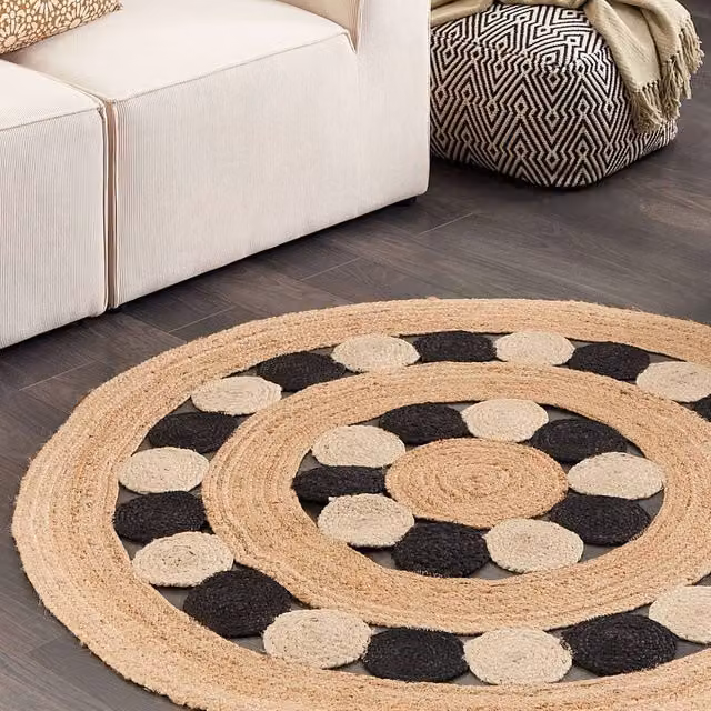 Wyld and Coco Natura Home Boho Round Woven Jute Rug in Beige and Black, Diameter: 140 cm – 1