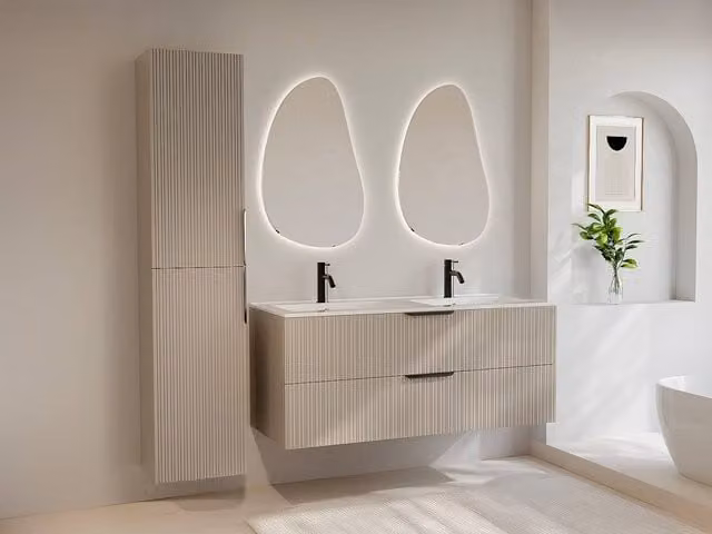 Vente-unique Fluted Wall-Hung Bathroom Unit with Inset Basin and Tall Cabinet in Beige