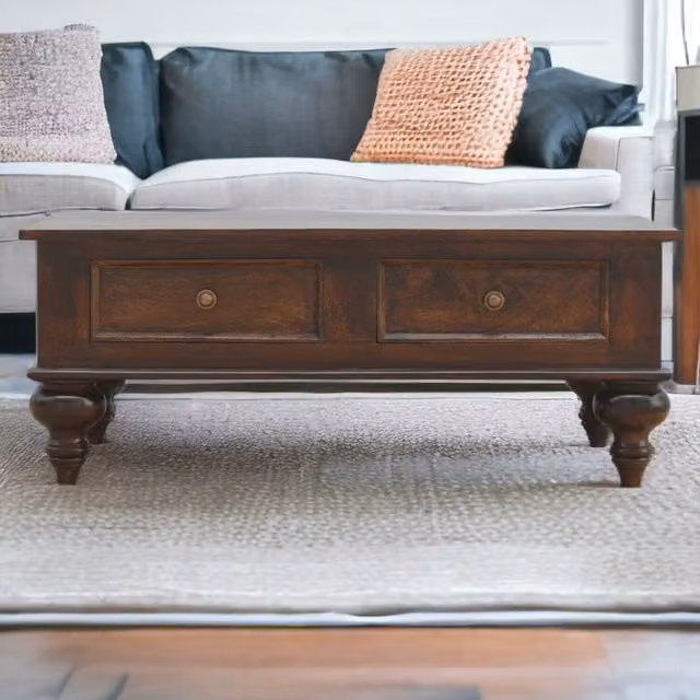 Artisan Furniture Solid Wood Turned 4 Drawer Coffee Table in Walnut Brown