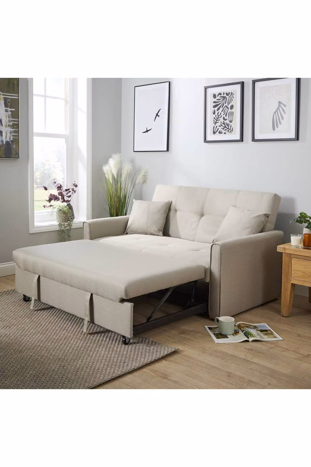 Home Source Modern Click-Clack Two Seater Upholstered Fabric Sofa Bed in Beige or Grey, W/D/H: 153 x 85 x 132 cm – 4