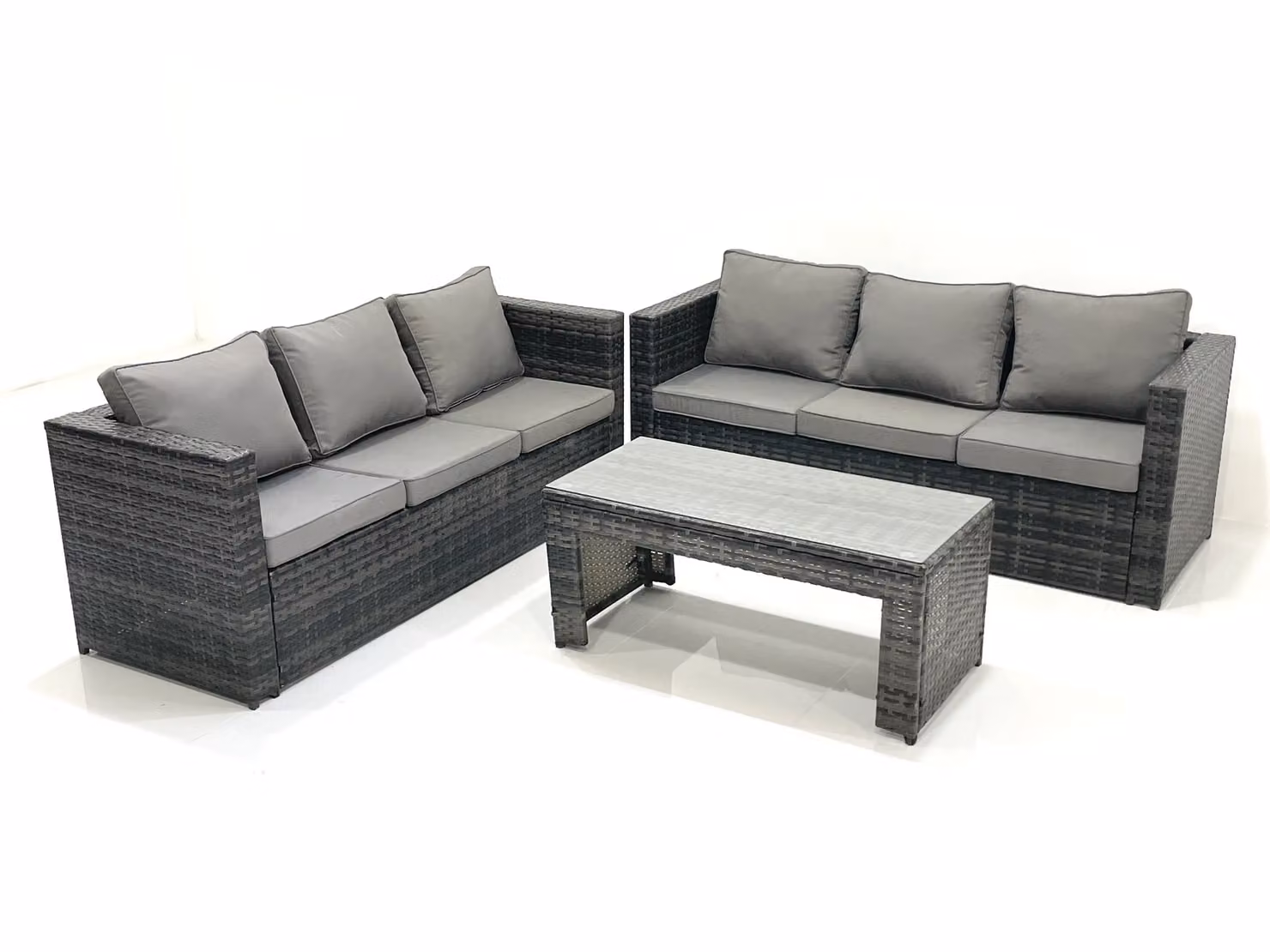 Fimous Garden Modern Rattan Outdoor Furniture Set in Dark Grey with 3-Seater Sofa, 2-Seater Sofa, Coffee Table and Weather-Resistant Cushions – 2