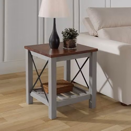 Mercers Furniture Cottage Pine Lamp Table with Storage Shelf in Grey, W/D/H: 50 x 50 x 60 cm