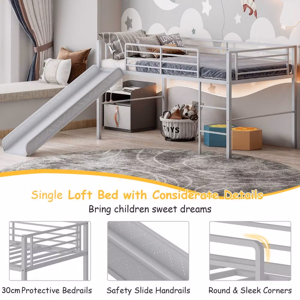Costway Single Low Loft Bed with Metal Frame and Safety Guardrails in Silver – 3