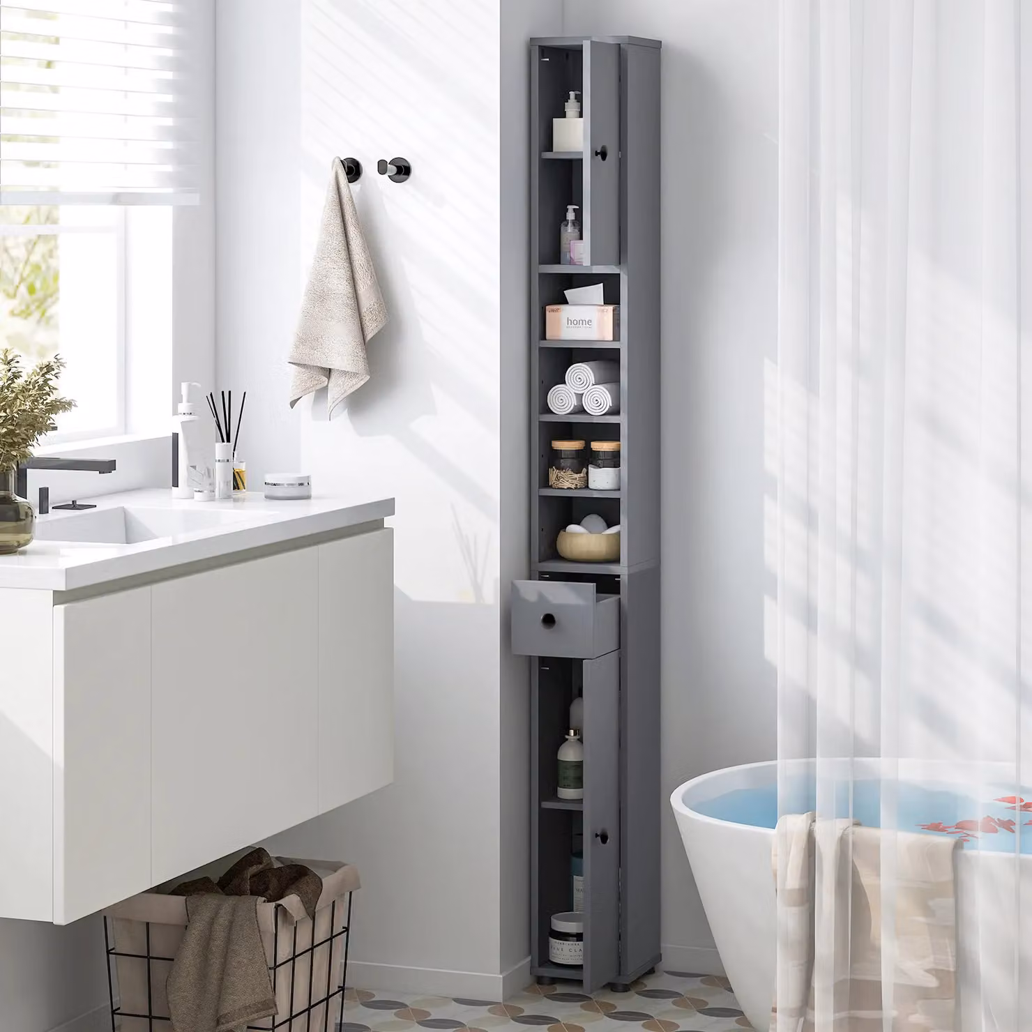 Gymax Slim Grey Tall Bathroom Cabinet with 2 Hinged Doors and Adjustable Internal Shelves – 4