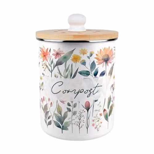 Purely Home Pastel Flowers Compost Caddy - Green and Multicolour Metal Kitchen Food Waste Bin with Removable Inner Bucket and Odour Filter, 2 L