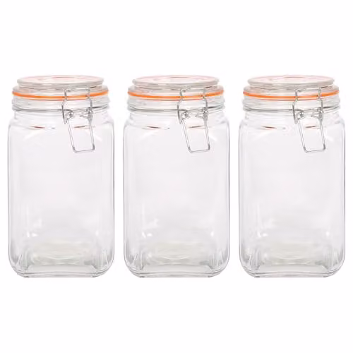Argon Tableware Pack of 3 Square Glass Jars with Clip-Top Lids, 1.25 l, Transparent – 1