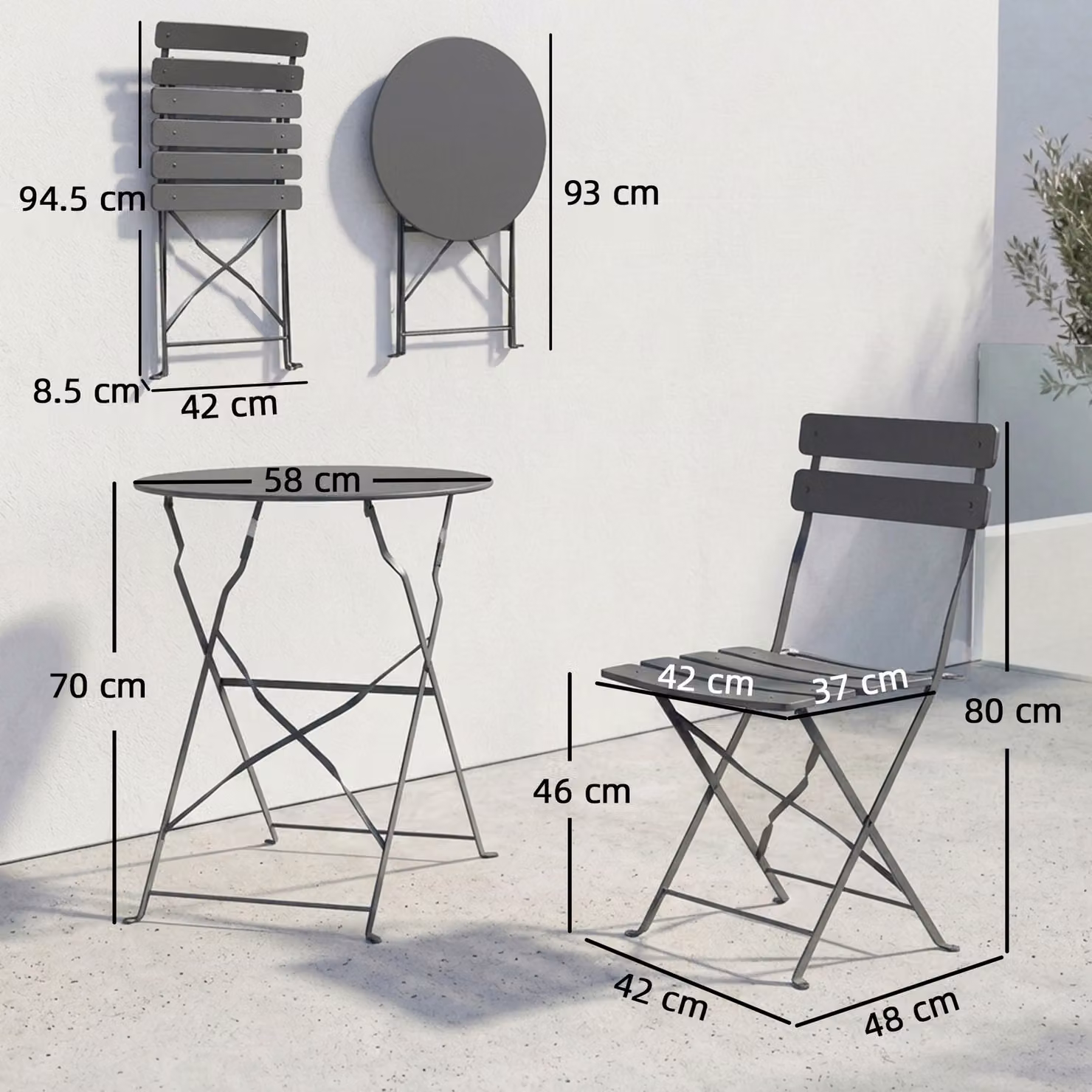 Outsunny Grey Folding Garden Bistro Set with Round Table and 2 Chairs and Electrophoresis Metal Frame – 3