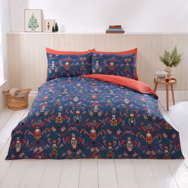Rapport Home Nutcracker Reversible Microfibre Duvet Cover and Pillowcase Set, Blue and Multicolour, W/D/H: 200 x 200 cm and 50 x 75 cm