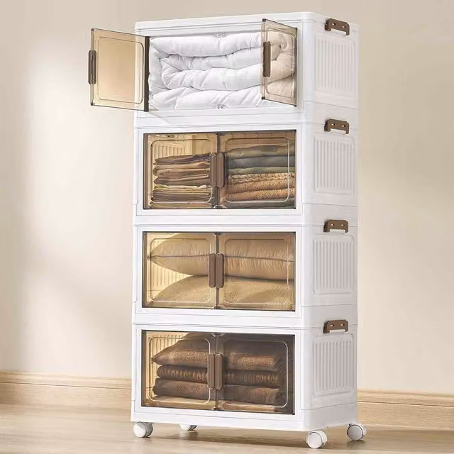 The Bazaarist 4 Tier Stackable White Plastic Storage Boxes with Castors