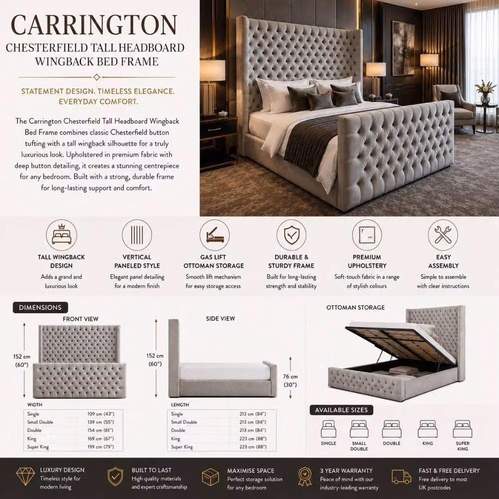 Stratus Interiors Carrington Wingback Chesterfield Tall Footboard Ottoman Storage Bed in Light Grey, Super King, 200 x 200 cm – 5