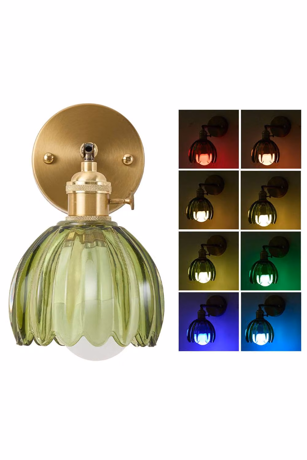 Living and Home Rechargeable LED Wall Lamp with Remote Control, RGB Colours and Vintage Glass Dome in Green and Gold/Brass, H 17.5 cm x W 11.5 cm x D 17.5 cm – 2