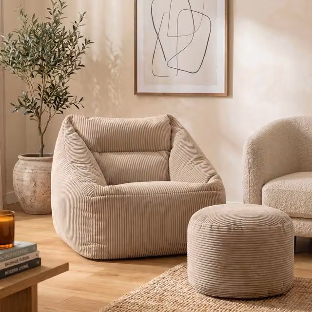 ICON Corduroy Bean Bag Armchair and Round Footstool in Beige – 2