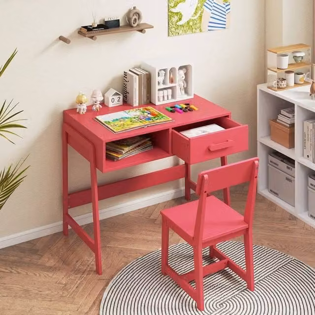 EONLION Pink Childrens Study Desk and Chair Set with Pine Wood Design – 1