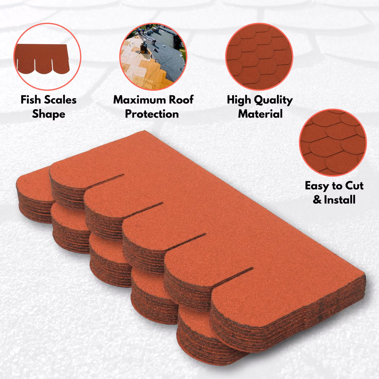 Novecrafto Heavy Duty Red Fish Scale Asphalt Roof Shingles, 25 Pieces, 3 sqm, W: 80 cm, H: 31.5 cm – 3