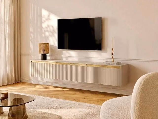 Pascal Morabito Posinia Modern 3-Door MDF TV Stand in Beige and Gold, W/D/H: 181.5 x 39.0 x 42.0 cm