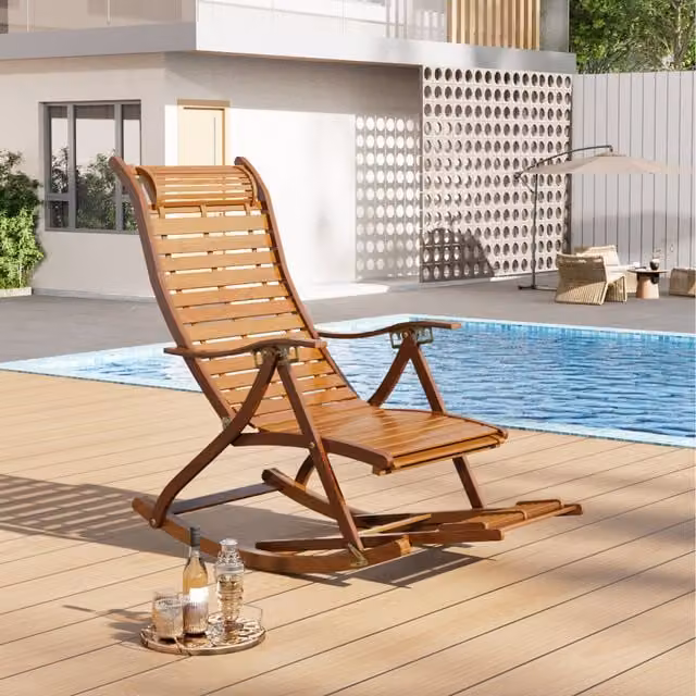 Livingandhome Brown Bamboo Foldable Rocking Chair Recliner with Armrests