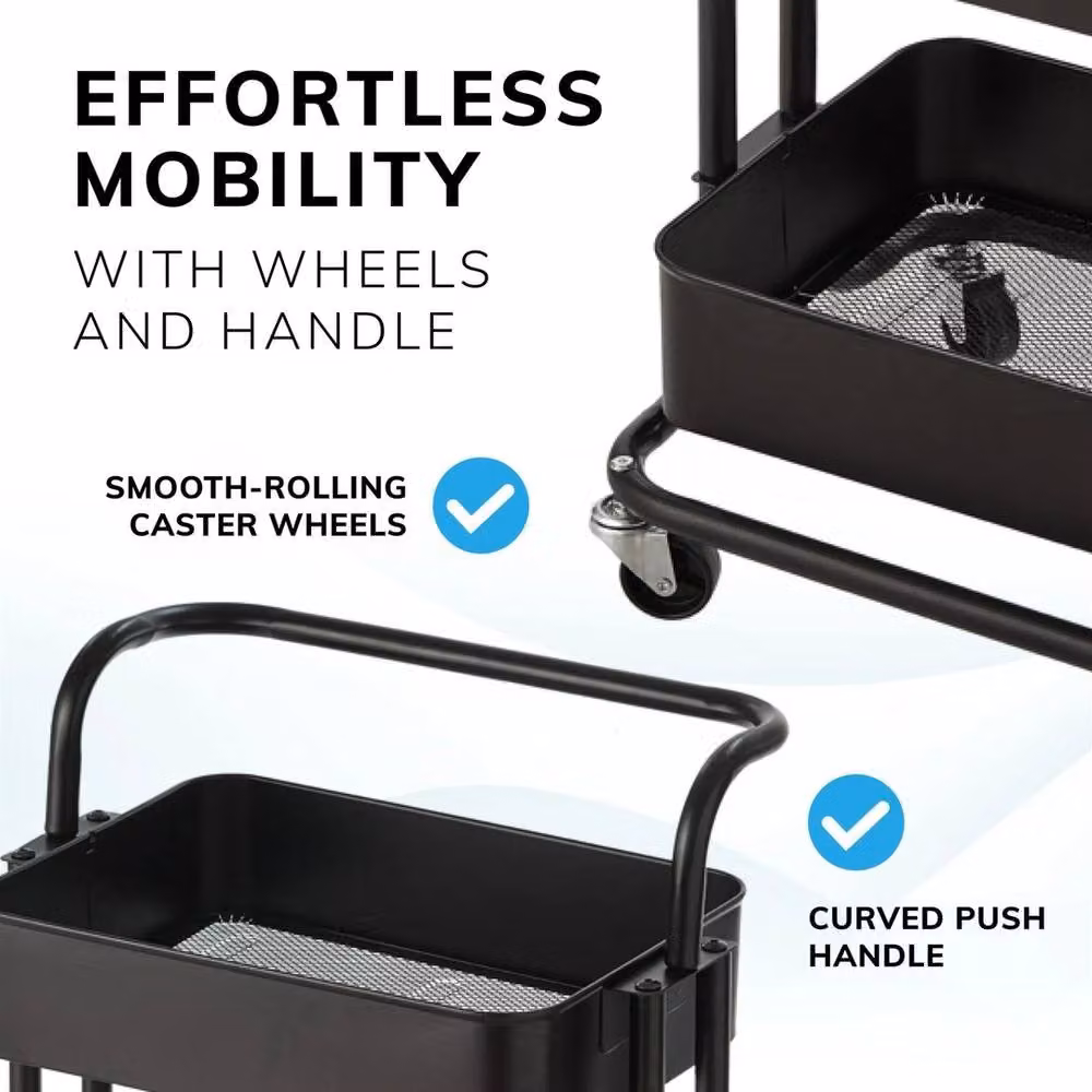 VOGREX Black 3-Tier Metal Wheeled Storage Cart Organiser – 3