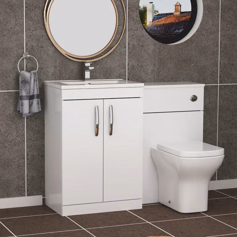 Royal Bathrooms Turin 1100mm Gloss White 2-Door Minimalist Basin and Qubix Back to Wall Toilet Pack