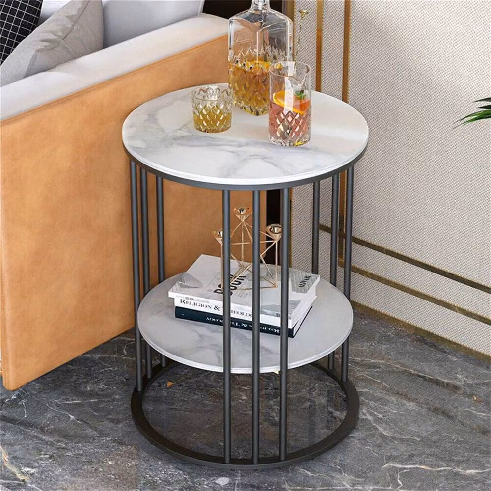 VOGREX Round Marble Side Table with Black Legs in White and Black – 5