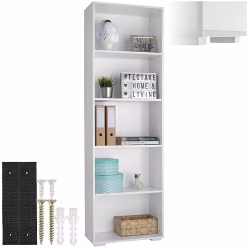 tectake Lexi 5-Tier Minimalist Bookshelf in White with Adjustable Shelves, H 190.0 x W 60.0 x D 30.0 cm – 1