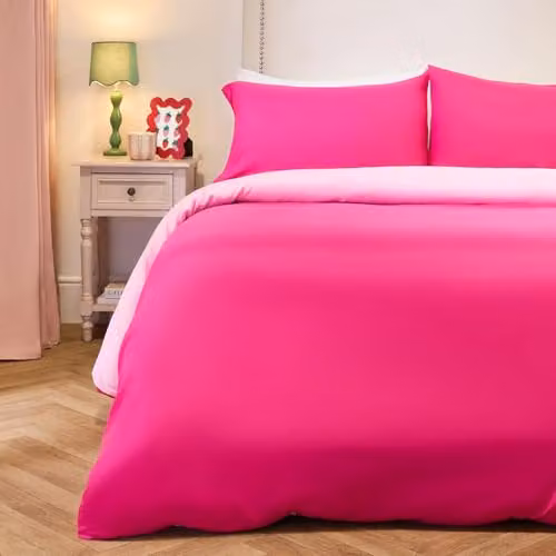 Brentfords Pink Reversible Microfibre Polyester Double Duvet Cover and Pillowcase Set, W/D/H: 200 x 200 cm