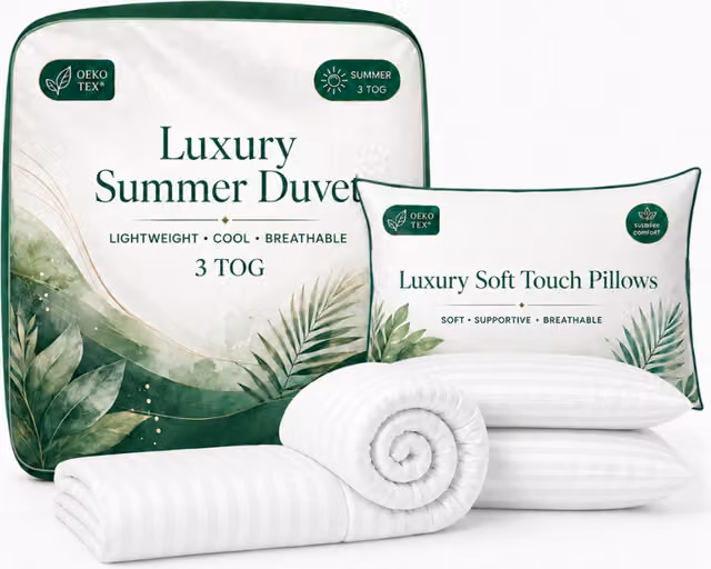 Opulent Home White Superking Summer Duvet and Pillow Set, 1.5 Tog, Hollow Fibre, Anti-Allergy and OEKO-TEX Certified