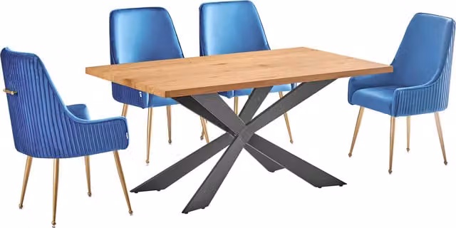 Life Interiors Soho Duke LUX Dining Set with Rectangular Table and 4 Blue and Gold Chairs