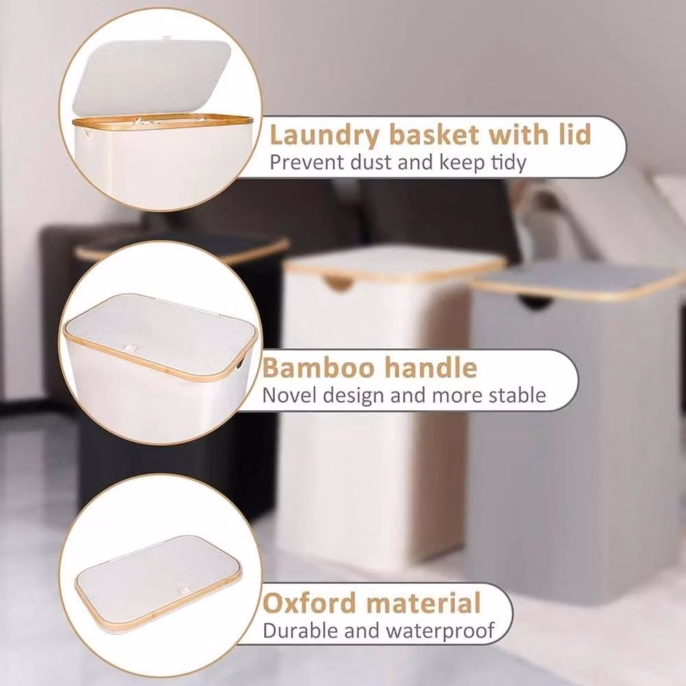 EONLION Beige Laundry Washing Basket with Lid and Handles, 150L, Collapsible Bamboo and Fabric Design – 3