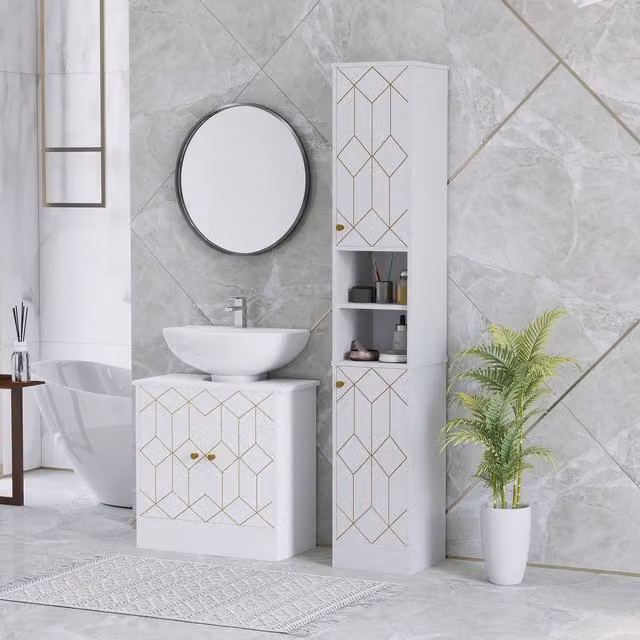 HOMCOM Slim White Bathroom Storage Cabinet with Hinged Doors and Internal Shelves – 1