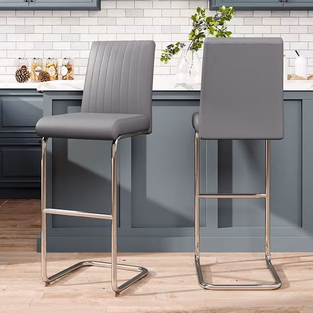 Livingandhome Set of 2 Grey PU Leather Bar Stools with Supportive Backrest and Cantilever Metal Base