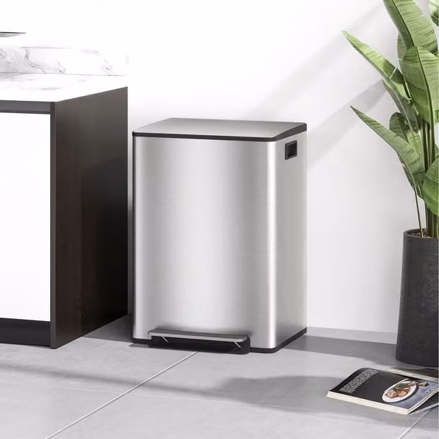 HOMCOM Double Stainless Steel Kitchen Pedal Bin with Soft Close Lid and Removable Inner Buckets, Silver, Height: 66.8 cm