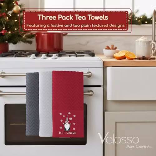 Velosso 3 Pack Let It Sgnome Christmas Tea Towel Set, Absorbent Cotton, Red, Green and Grey – 2