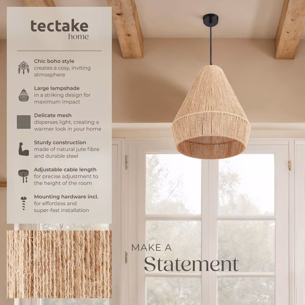tectake Boho Style Pendant Light in Natural Jute and Metal, Beige and Brown, Ø 32 x H 33 cm – 2