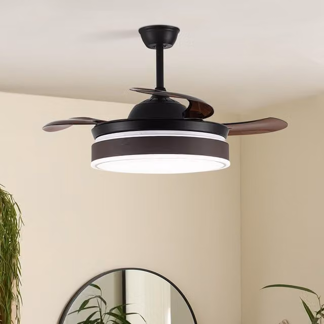Livingandhome Retractable 3-Blade LED Ceiling Fan Light with Remote Control and Timer, Brown