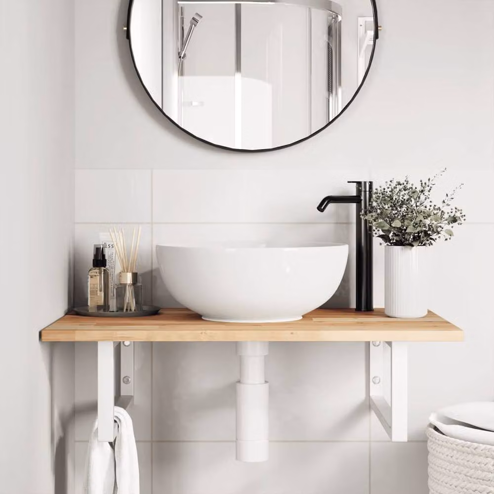 Berkfield Home Wall Mounted Basin Shelf in Brown Acacia Wood and Steel – 2