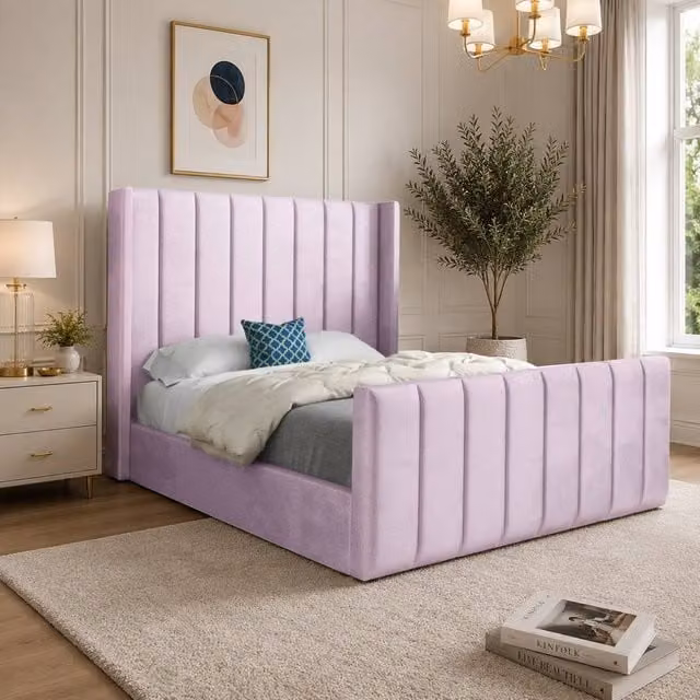 Casani Sherburn Upholstered Designer Bed Frame in Pink Soft Velvet, Small Single