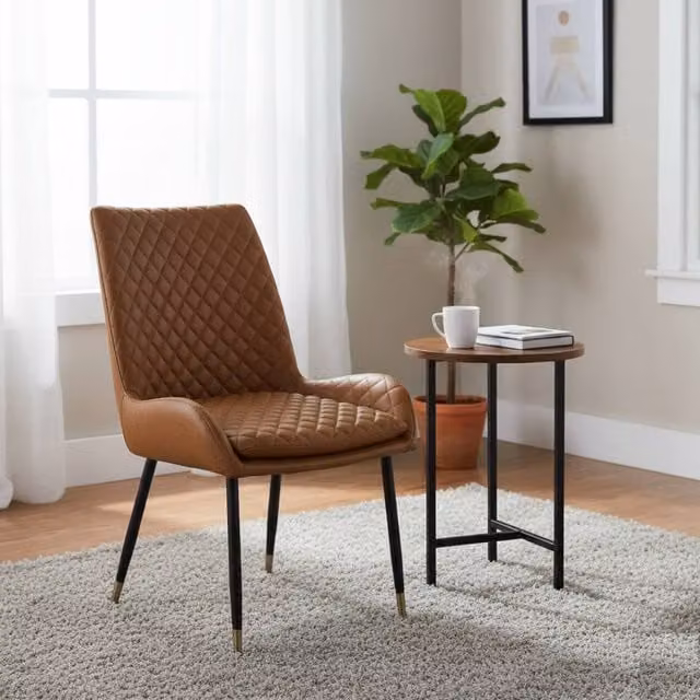 IH Design Set of 2 Modern Dining Chairs in Brown Faux Leather with Gold Metal Legs – 1