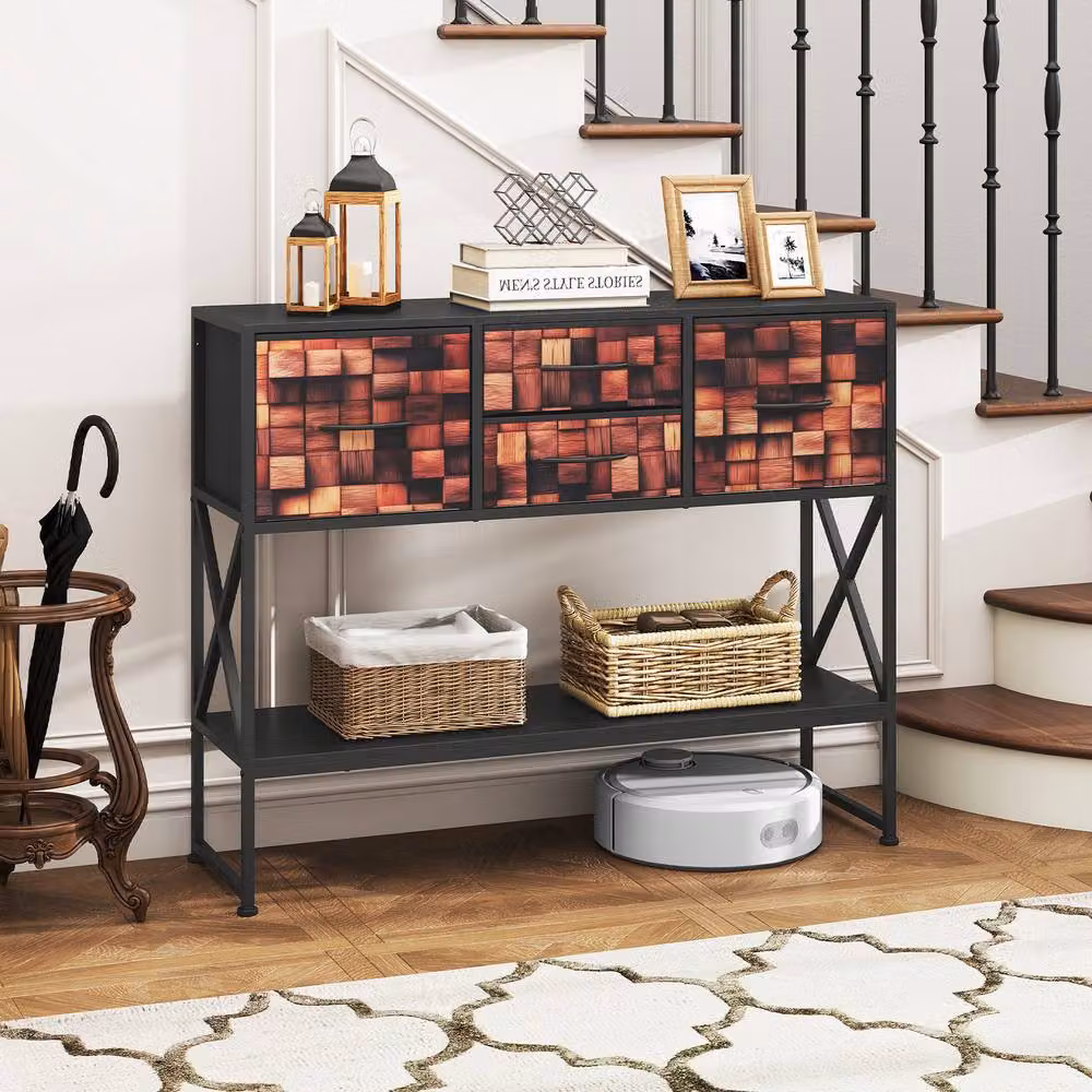 Costway Modern Geometric Console Table with 4 Fabric Drawers and Shelf in Black and Multicolour – 3