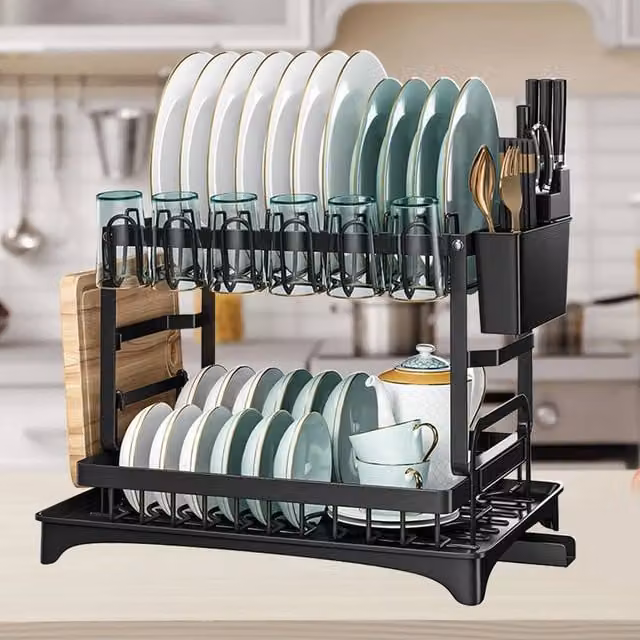 SPETLEK 2-Tier Sink Dish Drainer with Cutlery Tray, Black, W/D/H: 42.0 x 30.0 x 29.0 cm