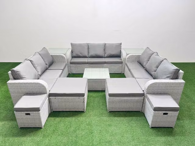 Fimous 13 Seater Outdoor Garden Furniture Set in Light Grey with PE Rattan, U-Shape Sofa, Ottoman and Coffee Table