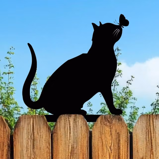 Betley Butterfly Black Metal Cat and Butterfly Garden Art Fence Topper